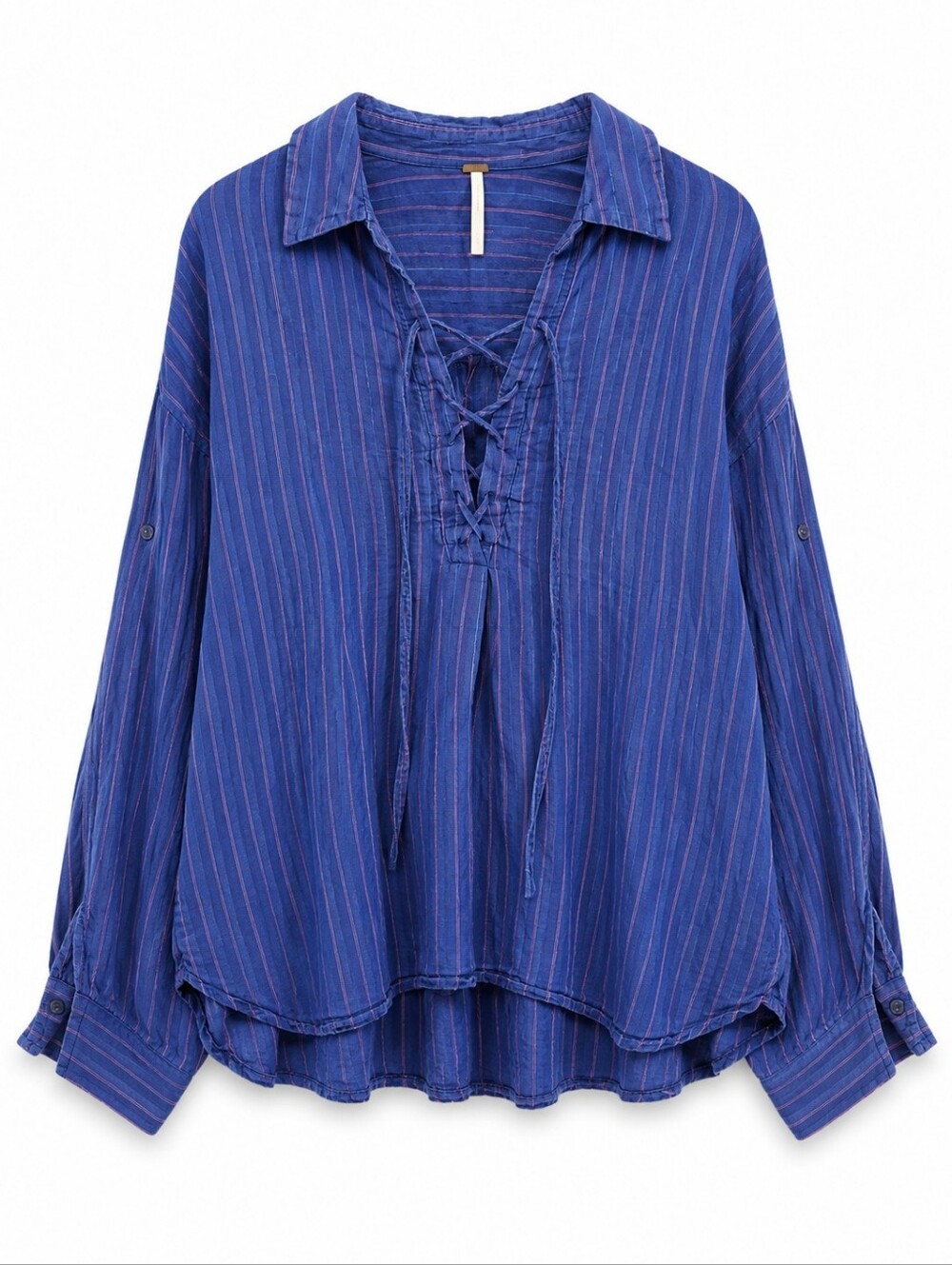Free People Under the Boardwalk Lace Up Linen Top Blue Pink, M, Coastal